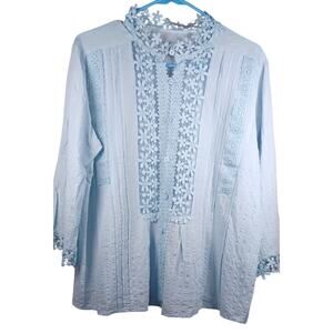 Light Blue Pintuck Tunic Top Floral Lace Bib Boho Blouse Women's Size Large